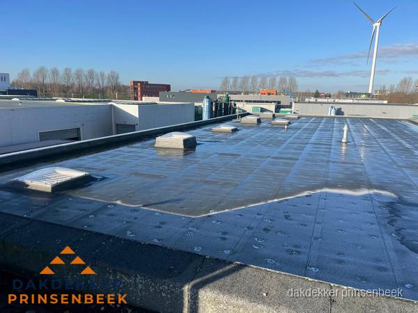 Plat dak bedrijfspand met bitumen dakbedekking en lichtkoepels in Prinsenbeek Plat dak bedrijfspand met bitumen dakbedekking en lichtkoepels in Prinsenbeek